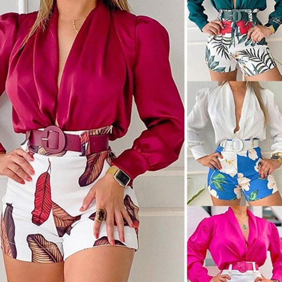 Summer Long Sleeve Solid Color Tops Casual Two Piece Outfits - Picture 6 of 7